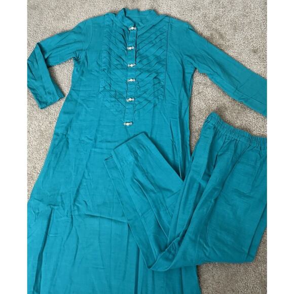 Mid Length Teal Kurta Shalwar Linen Stitched Traditional Women Dress Pant Large - Picture 1 of 16